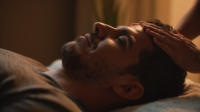 Hispanic man receiving acupuncture therapy in peaceful holistic health clinic. Latin male relaxed in clinic environment.