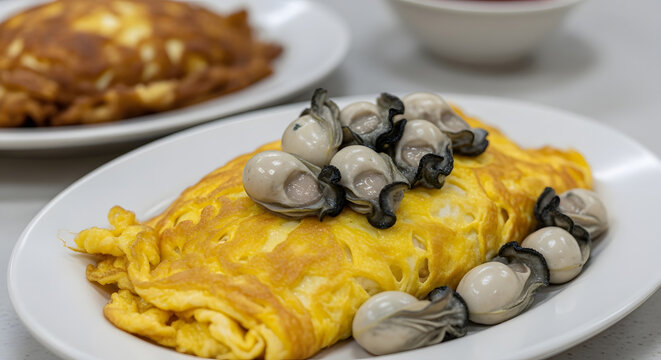Orh luak or oyster omelettes on a long white platter. Min specialty cuisine, healthy food usually in Chinese restaurant and kopitiams