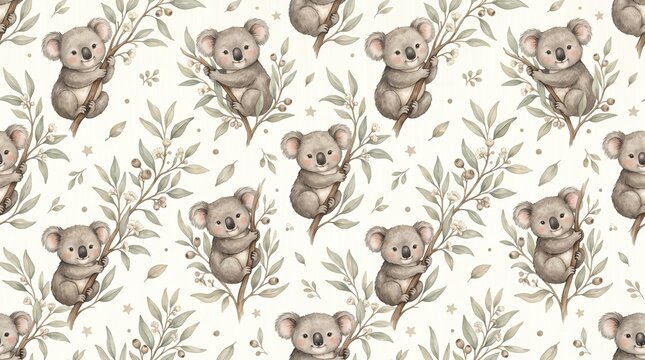 Cute watercolor style nursery seamless background featuring playful baby koala bears.