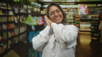 Woman doctor in white coat wearing glasses and stethoscope presses hands to cheek and smiles amid bookshelves and retail displays inside a bookstore building  restful care. © Krakenimages.com