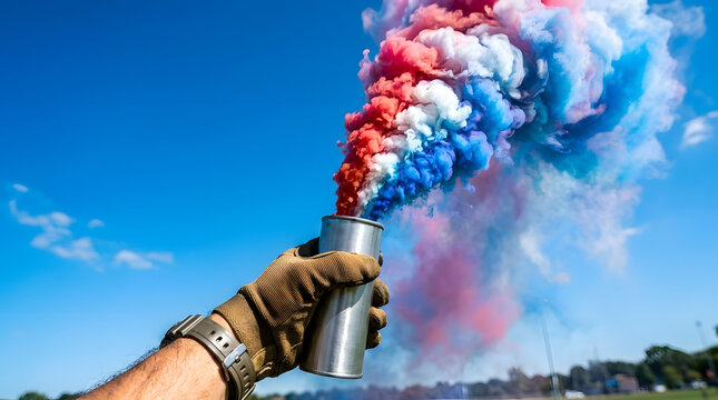 Colored smoke grenade held by a hand wearing tactical gloves creating vibrant red white and blue plumes against clear sky