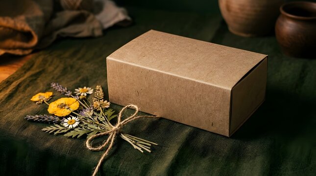 Rustic gift box decorated with dried flowers and twine cardboard presentation decoration aesthetic background handmade packaging sustainable botanical surprise celebration birthday