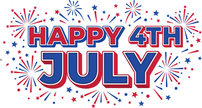 Happy 4th of July vector graphic illustration featuring bold blue and red dimensional typography surrounded by festive star patterns and firework bursts to celebrate independence day with a patriotic 