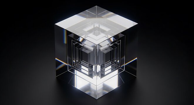 Transparent glass cube with complex inner geometric structure on a clean dark studio background