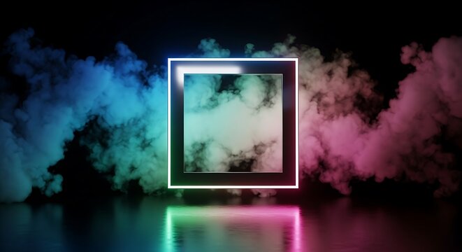 Glowing square neon frame with vibrant colorful smoke clouds on a dark reflective floor background