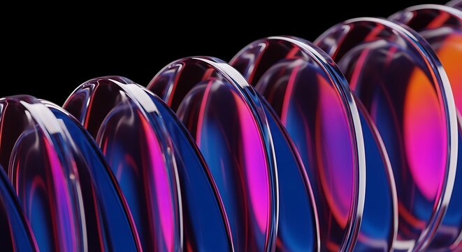 Abstract row of translucent colorful glass discs with pink and blue light refraction effects