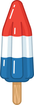 Vibrant red white and blue tri-color rocket popsicle vector illustration featuring a classic wooden stick design with clean bold lines and a smooth flat aesthetic perfect for summer graphic projects