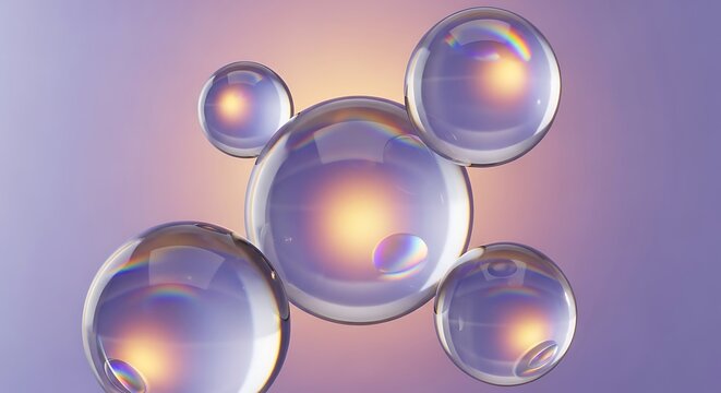 Abstract background with floating transparent spheres reflecting light in a soft purple space
