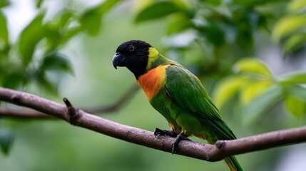 Obraz premium A vibrant and sleek parrot is dramatically perched on a branch showcasing colorful motifs and playful contrasts in nature