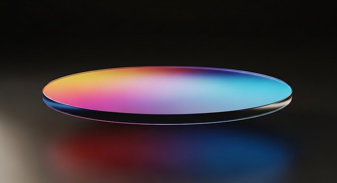 Minimalist floating circular platform with vibrant gradient colors on a dark black background