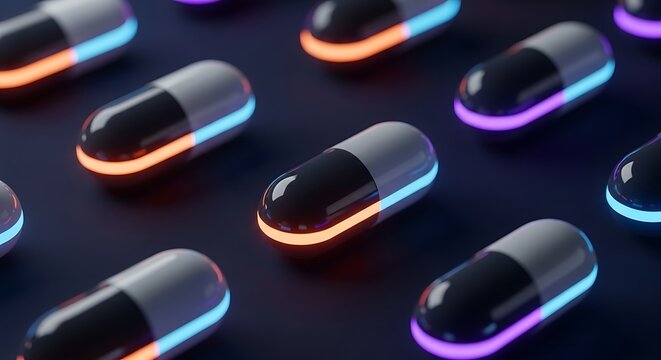Futuristic medical pills arranged in a grid pattern with glowing neon light edges on dark background
