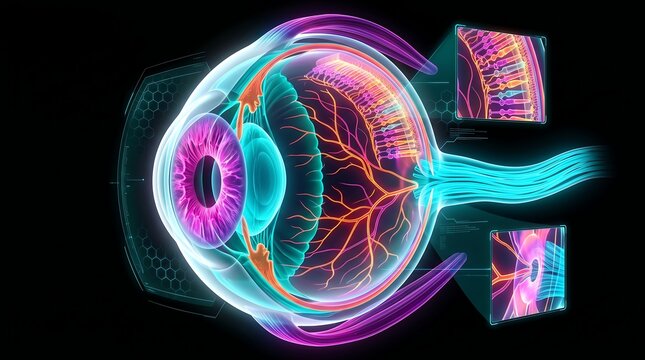 Eye vision and visual cortex connection, detailed iris, retina, optic nerve and brain processing.