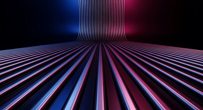 Abstract background with parallel vertical lines and vibrant blue and pink neon light reflections