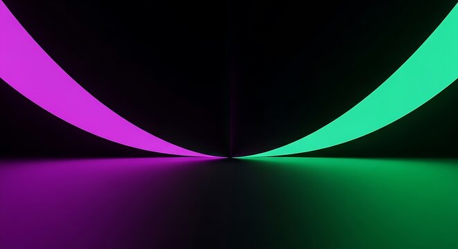 Abstract background with curved neon purple and green light streaks in a dark environment