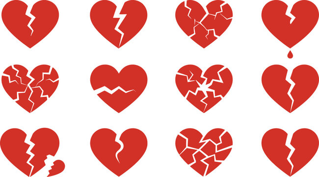 Collection of broken heart symbols in various cracked and shattered styles