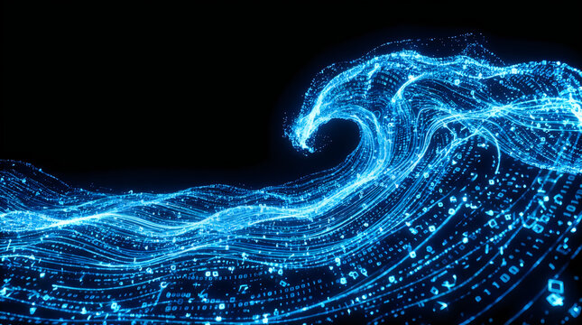Digital data wave made of binary code digits and flowing light streams crashing like ocean tide representing massive information transfer in cyberspace environment