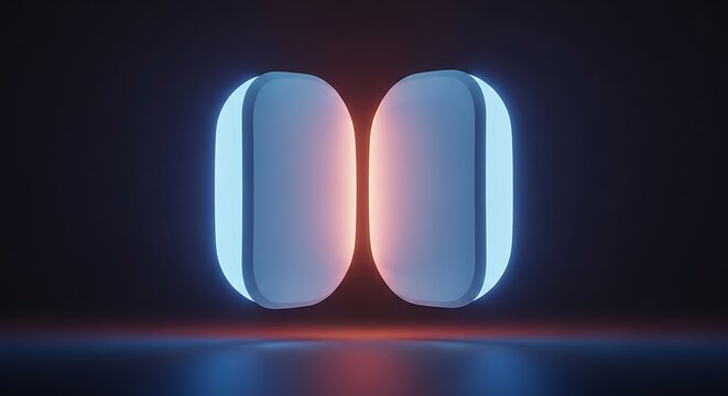 Two glowing rounded rectangular objects with orange light between them in a dark space