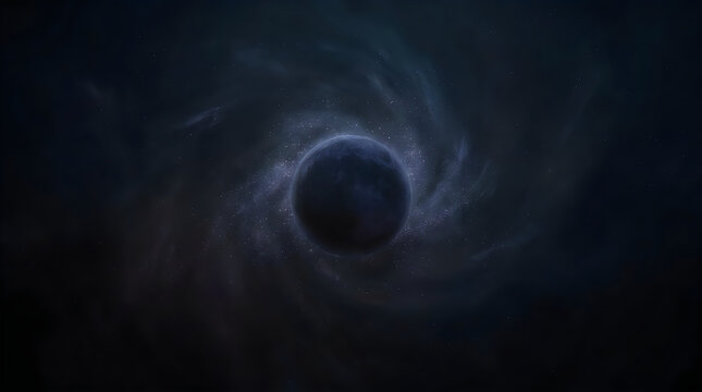 Dark mysterious planet floating in deep space surrounded by a swirling nebula of stardust and cosmic energy clouds forming a glowing galaxy around the sphere