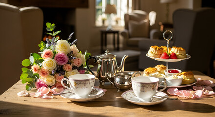 Fototapeta premium Elegant Afternoon Tea Setting with Scones, Flowers, and Teacups
