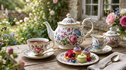 Fototapeta premium Elegant Floral Tea Set with Cupcakes and Tart Outdoors