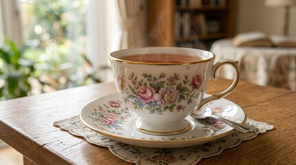 Fototapeta premium Elegant floral teacup with steaming tea and delicate lace coaster on wooden table