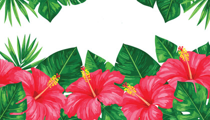 Tropical Red Hibiscus Flowers And Green Palm Leaves Frame Vector Illustration Background © Himel