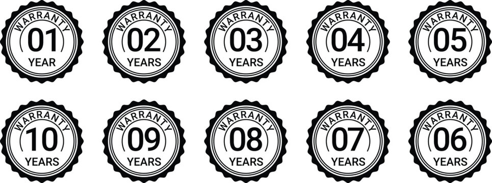 Warranty badge collection vector set, 1 to 10 years warranty labels, Premium guarantee seal icons, Monochrome quality assurance emblems, Isolated round certification stickers