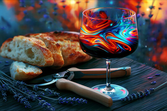 Abstract Wine Glass and Croissant Still Life with Garden Tools