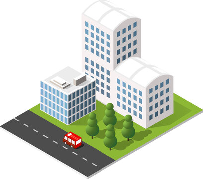 Modern urban city with skyscrapers, office buildings, green park area, and a red car driving on the street, isolated on white