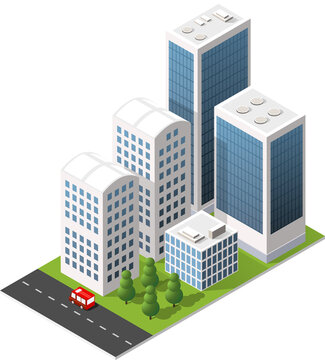 Modern urban city with skyscrapers, office buildings, green park area, and a red car driving on the street, isolated on white