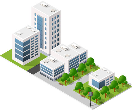 Modern urban city with skyscrapers, office buildings, green park area, and a red car driving on the street, isolated on white
