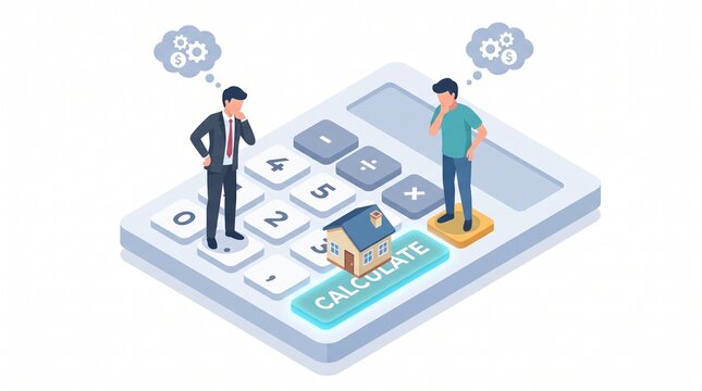 Isometric illustration of a client and accountant calculating property taxes on a giant calculator
