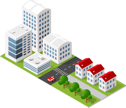 Modern urban city with skyscrapers, office buildings, green park area, and a red car driving on the street, isolated on white