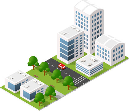 Modern urban city with skyscrapers, office buildings, green park area, and a red car driving on the street, isolated on white