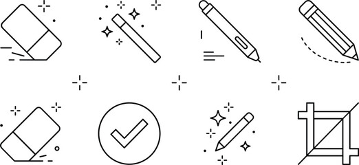 Graphic design and photo editing tool outline icon set featuring eraser magic wand stylus pencil crop checkmark vector © Mstshneha