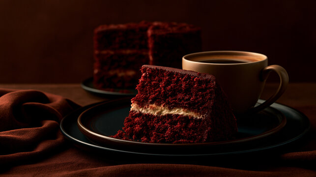 slice of red velvet cake with coffee on dark plate, elegant red velvet cake dessert with coffee, layered red velvet cake on dark background with coffee