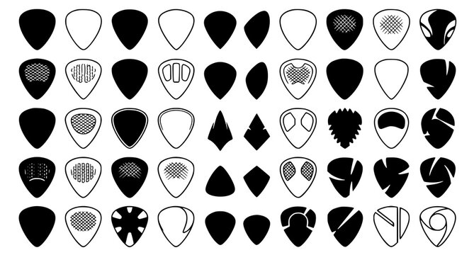 Diverse collection of guitar pick shapes and outlines including mesh patterns and abstract symbols for music instrument branding and creative graphic design vector set