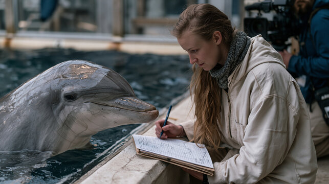 Animal cognition PhD student administering a mirror self-recognition test to a bottlenose dolphin in a shallow research pool, kneeling at the tank edge with behavioral observation