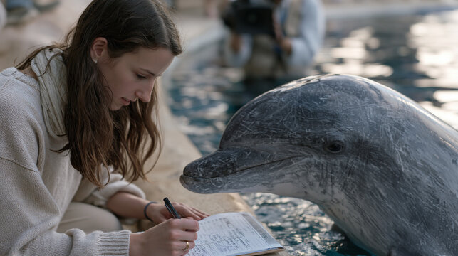 Animal cognition PhD student administering a mirror self-recognition test to a bottlenose dolphin in a shallow research pool, kneeling at the tank edge with behavioral observation