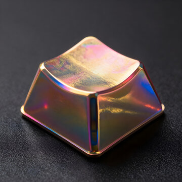 Extreme macro of an artisan keycap showcasing the iridescent, multi-colored stair-step geometric patterns of grown bismuth crystal.