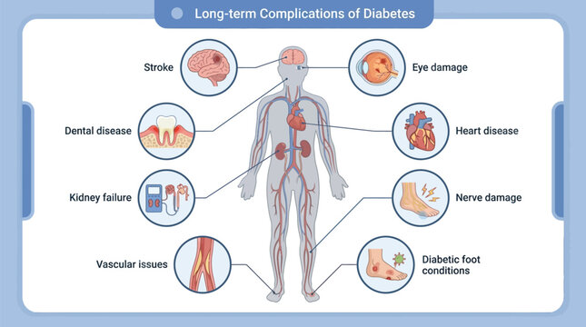 Medical infographic illustrates the long-term complications of diabetes affecting various human organs and bodily systems.