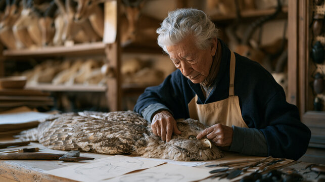 Senior taxidermist in a natural history museum workroom fitting glass eyes into a large owl specimen, sculpting tools and reference sketches spread across the bench, shelving
