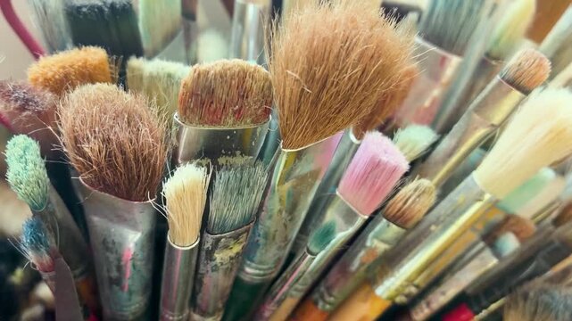 Macro shot of assorted clean and used paintbrushes bristles for art and craft, Artist, Painting, Atelier