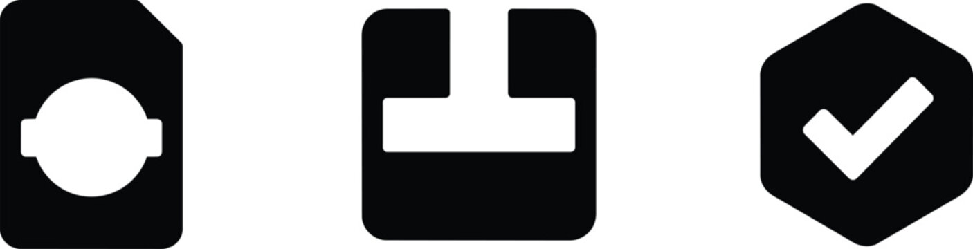 Interface icons set collection featuring a document page symbol, a square bracket configuration, and a hexagonal shape with a check mark and hexagon