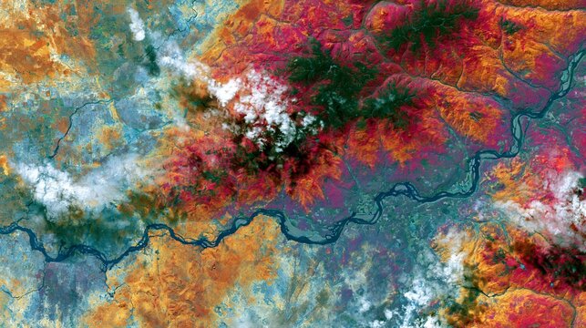 A map-style composition of fall foliage viewed from space, with contiguous swaths of chlorophyll loss, temperature bands, and cloud shadows wrapping across mountain ranges and river valleys.