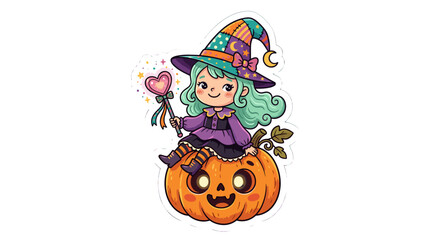 Fototapeta premium Cute halloween witch character sitting on pumpkin with jackolantern face and witch hat