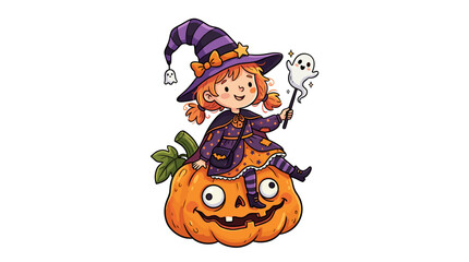 Fototapeta premium Cute halloween witch girl sitting on a carved pumpkin with a ghost in her hand
