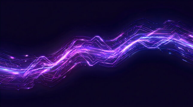 Jagged purple electrical lightning bolt formed by glowing circuit lines against dark background representing data transmission and high-speed network connectivity