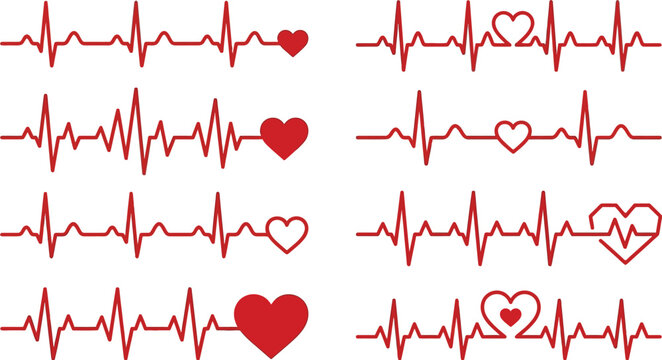 Heartbeat lines illustrate medical pulse rhythms with various integrated heart shapes in red.
