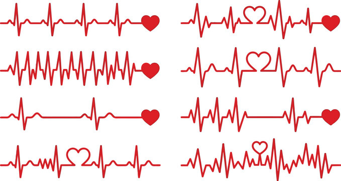 Heartbeat lines feature stylized red cardiac rhythms integrated with heart shapes to symbolize vitality and cardiovascular wellness.